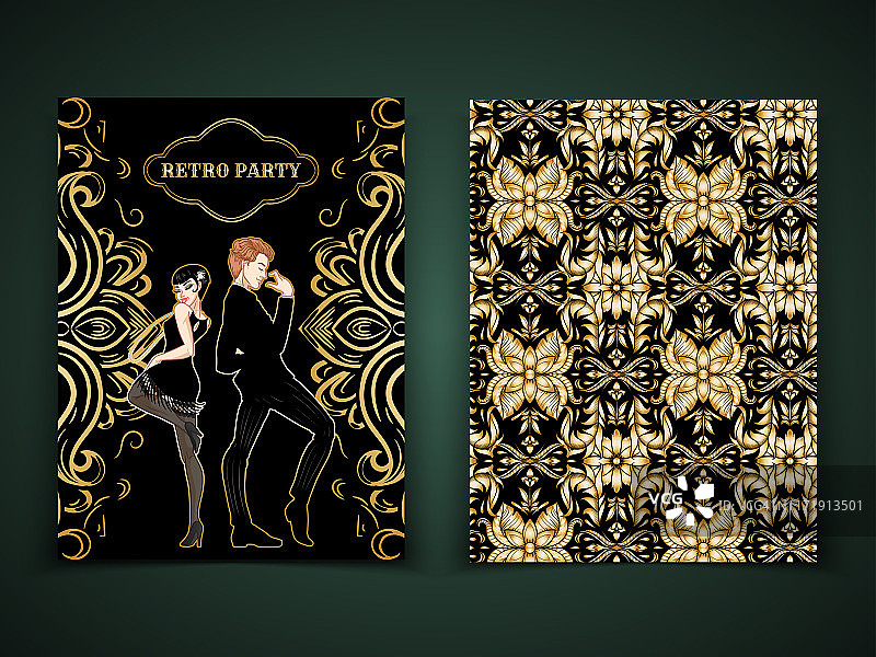 复古派对卡片模板，男人和女人穿着20世纪20年代风格的舞蹈，摩登女郎，帅哥，装饰图案，矢量插图图片素材