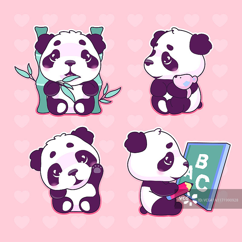 可爱的熊猫卡哇伊卡通矢量人物集。可爱的、快乐的、有趣的动物吃着竹子，挥舞着手孤立的贴纸、补丁包。粉色背景上的动漫女婴熊猫表情图片素材