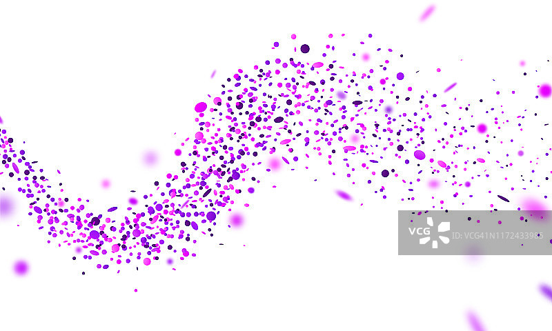 紫粉色的纸屑随机飘落。带有飞行粒子的抽象假日背景。矢量插图可用于贺卡，狂欢节，庆典图片素材