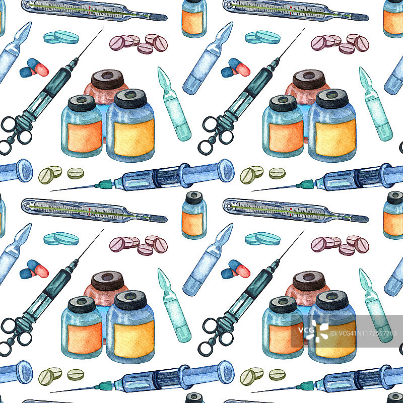 医用无缝注射器，用于注射、药片、疫苗。水彩手绘模式与医疗用品。图片素材