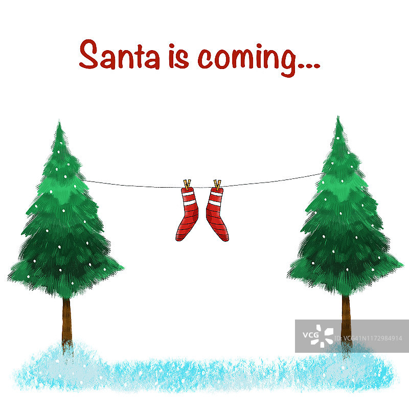 白色背景上的圣诞树和圣诞老人袜子。图片素材