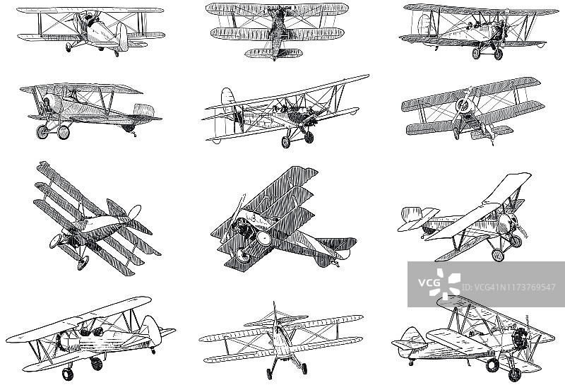 白色背景上的一组旧飞机的图纸。传统风格的矢量插图的老式飞机图片素材