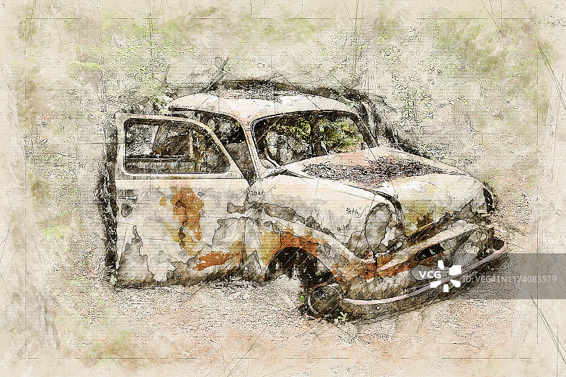 数码艺术素描的报废汽车图片素材