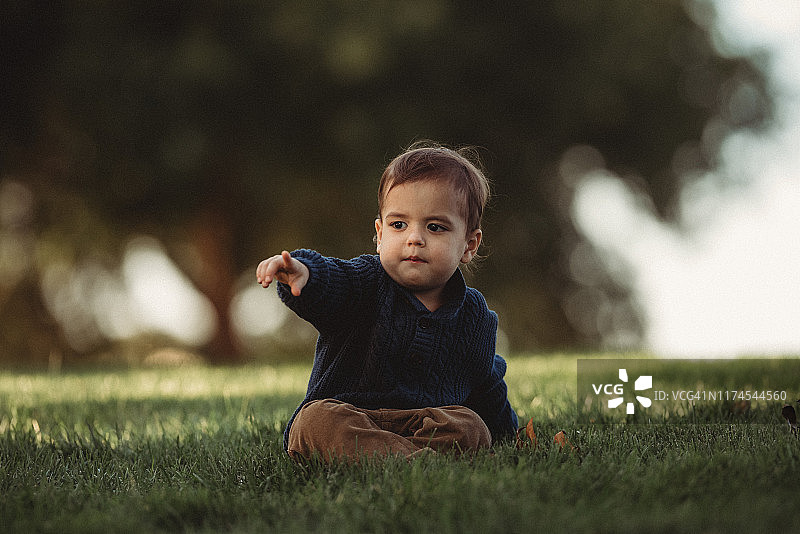 一个严肃的2岁的深褐色男孩在秋天穿着针织毛衣的肖像图片素材