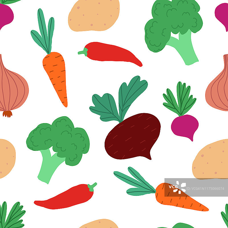 色彩鲜艳的蔬菜无缝图案用手绘蔬菜:甜菜、胡萝卜、土豆、洋葱、花椰菜、辣椒。素食者的背景。图片素材