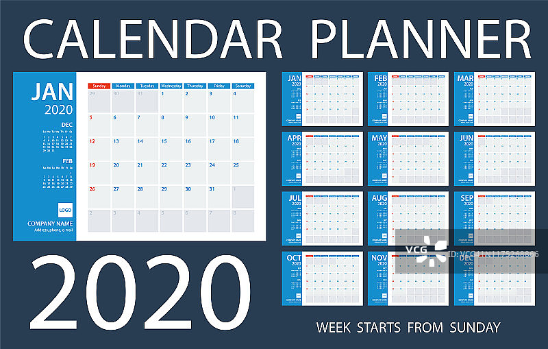 日历计划2020 -矢量模板。星期日开始上班图片素材
