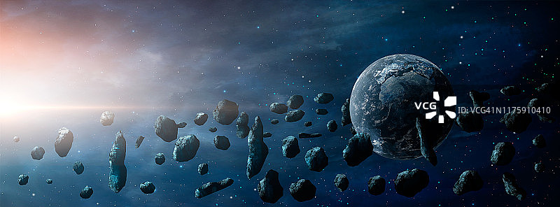 全景空间场景。有小行星和星云的地球行星。https://visibleearth.nasa.gov/view.php?id=79765图片素材