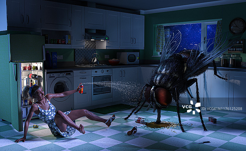 女人在厨房里与巨型苍蝇战斗图片素材
