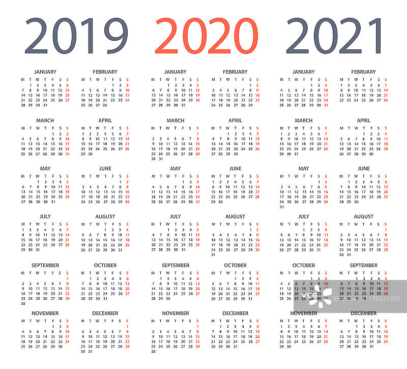 日历2020 2019 2021黑色垂直-英语欧洲国际版本。工作日从星期一开始图片素材