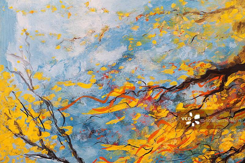 时尚的秋天插图寓言艺术作品我的油画在画布上印象主义原始水平象征性的风景树叶秋天公园树木与黄叶图片素材