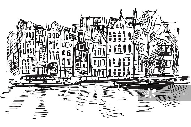 阿姆斯特丹运河手工绘制的黑白图图片素材