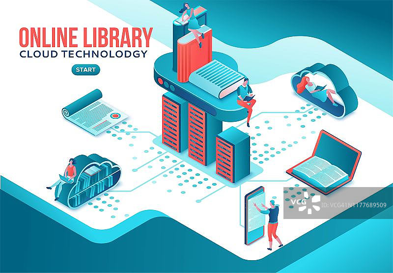 在线图书馆等距登陆页面，人们在笔记本电脑、智能手机、小工具、云计算技术、网站模板设计上阅读书籍图片素材