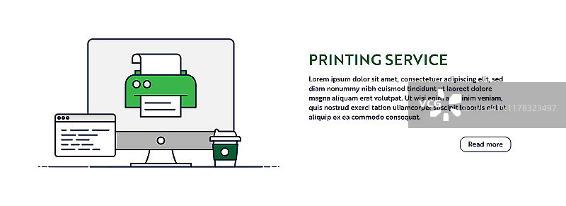 印刷服务概念与线计算机插图。最小设计的网站横幅，海报，传单和宣传册模板与打印机图标。图片素材
