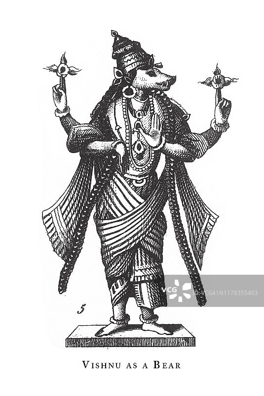 毗湿奴熊，印度教和佛教的宗教符号和宗教器具雕刻古董插图，出版于1851年图片素材