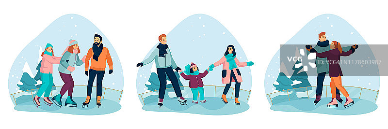 幸福的家庭和夫妻在溜冰场滑冰。矢量平面卡通插图。季节性节日横幅或标签设置图片素材