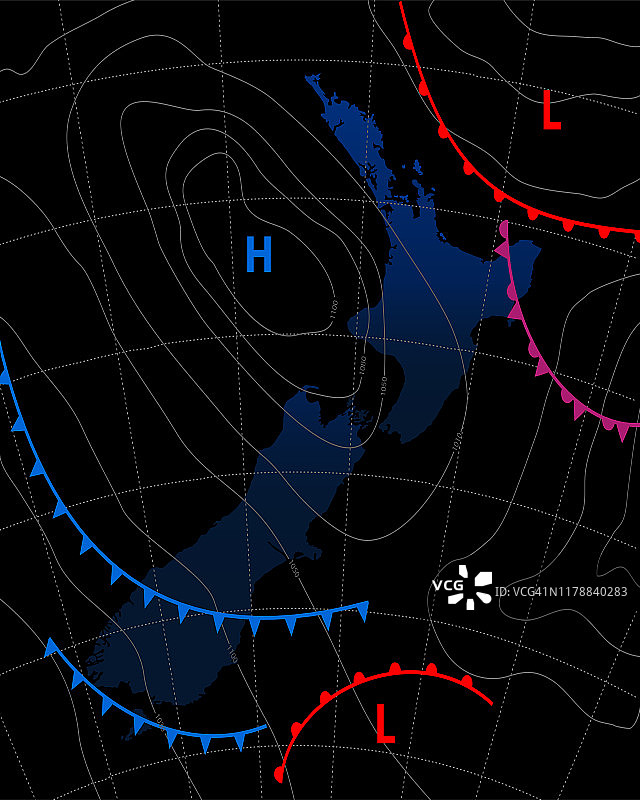 新西兰的天气图。黑暗背景下的气象预报。显示等压线和天气锋面的通用天气图的可编辑矢量插图。图片素材