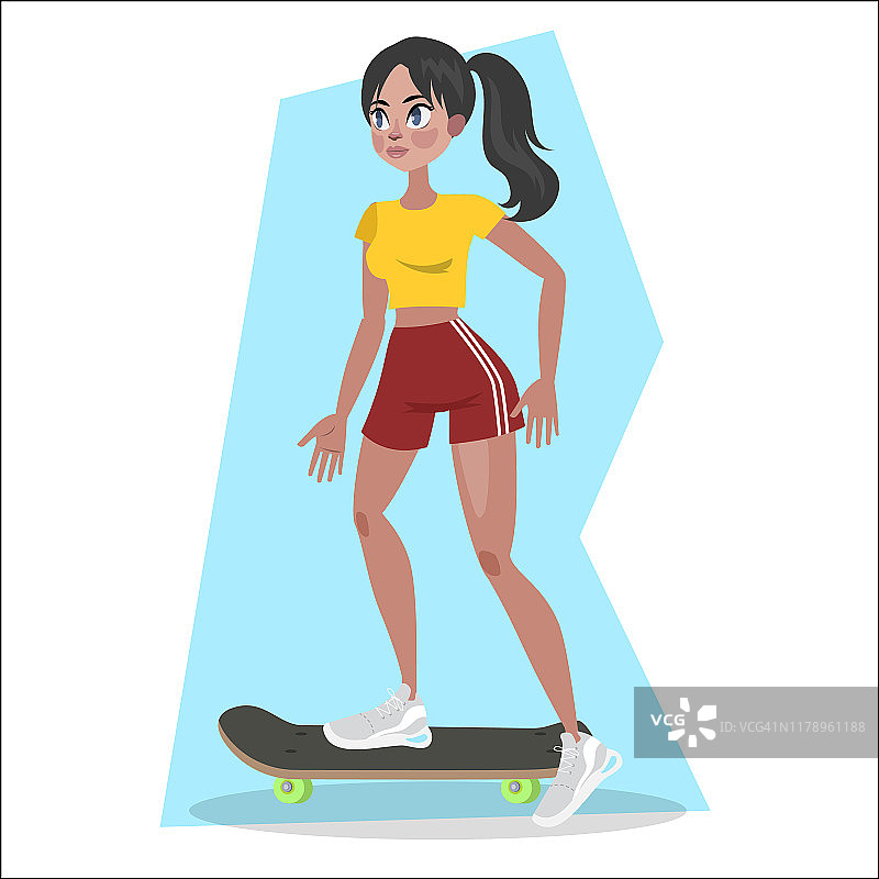 快乐的年轻女孩滑板。图片素材