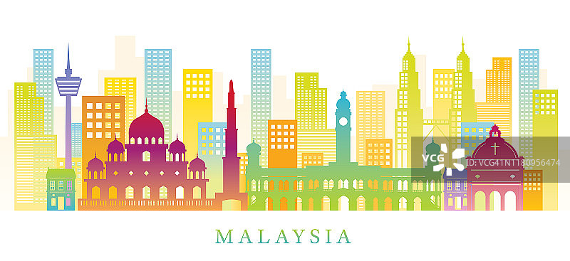 马来西亚天际线地标彩色剪影背景图片素材