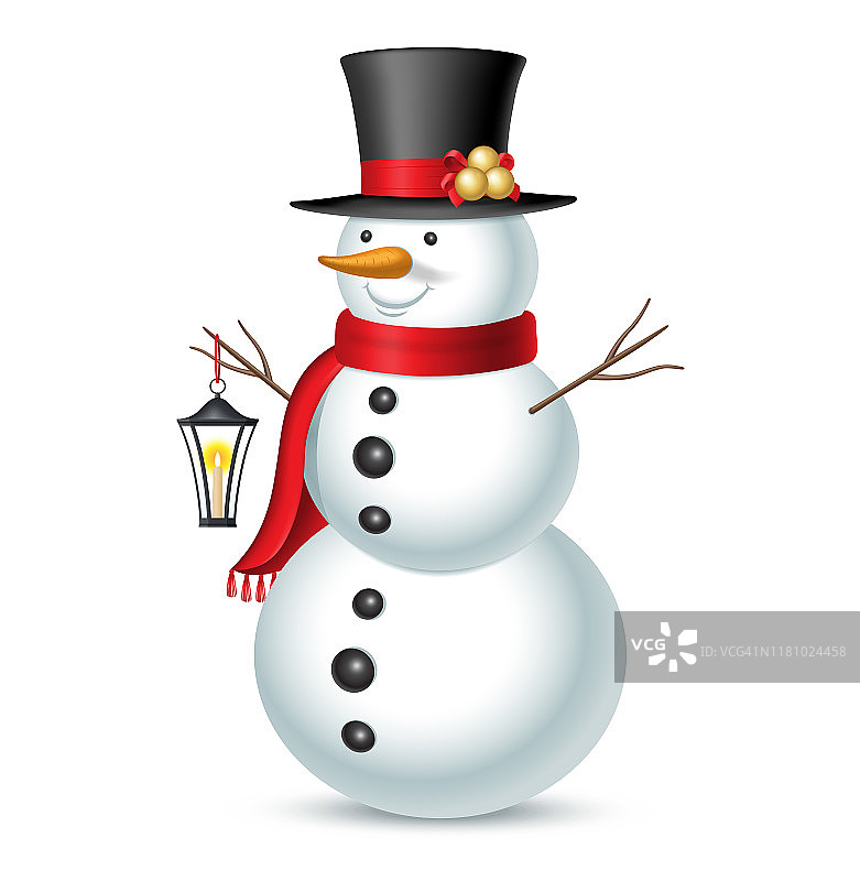 戴着帽子和灯笼的雪人被孤立在白色背景上。矢量图图片素材