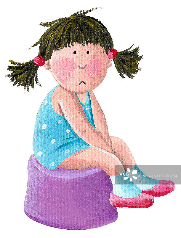 紫色便盆和白色背景上的小女孩的丙烯酸插图图片素材