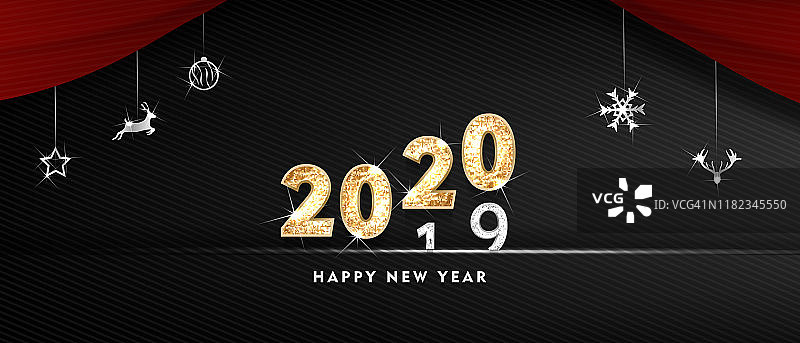 2020新年快乐。贺卡的黄金设计。黄金闪光模式。新年横幅与2020数字在明亮的背景。矢量图图片素材