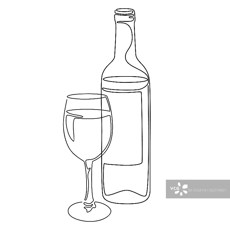 连续的线条画。一瓶和一杯葡萄酒。矢量插图。图片素材