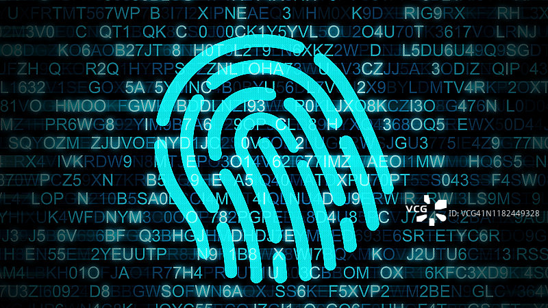 指纹具有数字加密数据背景。扫描识别系统。计算机编码加密的大数据。你的数据安全。网络安全和生物识别概念。安全和保护您的隐私数据3d插图图片素材