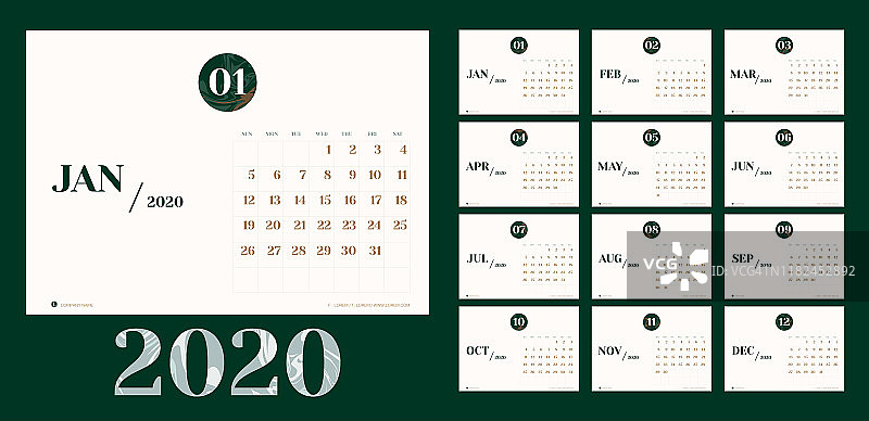 矢量2020年新年日历规划师模板在最小表简单的风格与大理石月纹理数字，假日事件规划师，周开始周日。布局的年度日历。时间表的日记图片素材