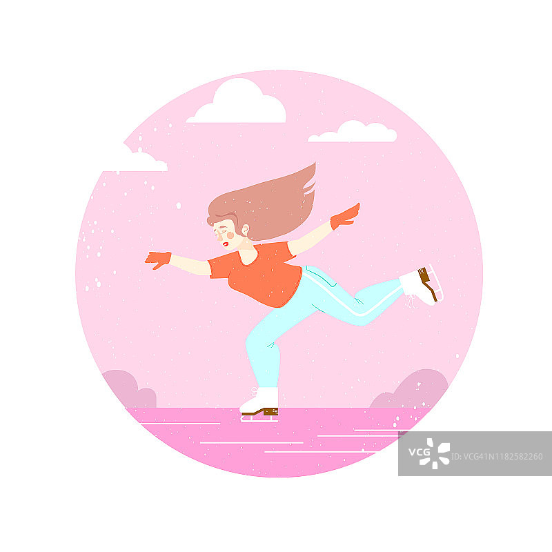 女子花样滑冰。快乐在溜冰场滑冰。冬季运动。节日快乐。景观。圈框架。粉红色的。白色背景。图片素材