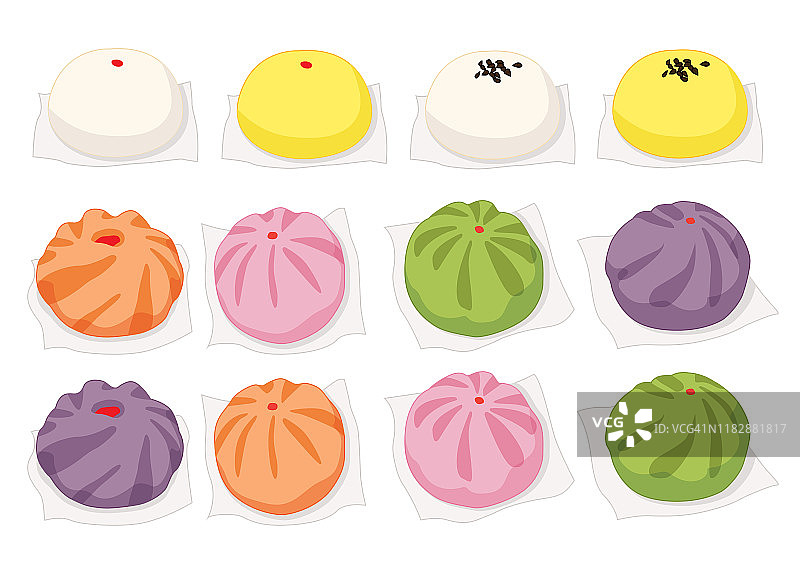包子、点心、黄橙、粉绿、紫彩和中国菜在白色的背景矢量插图图片素材
