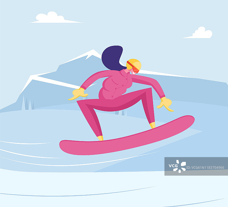 旅游娱乐活动。快乐的女孩在冬季季节假期期间在雪坡上骑滑雪板。女运动员在滑雪胜地玩下山。卡通平面矢量插图图片素材