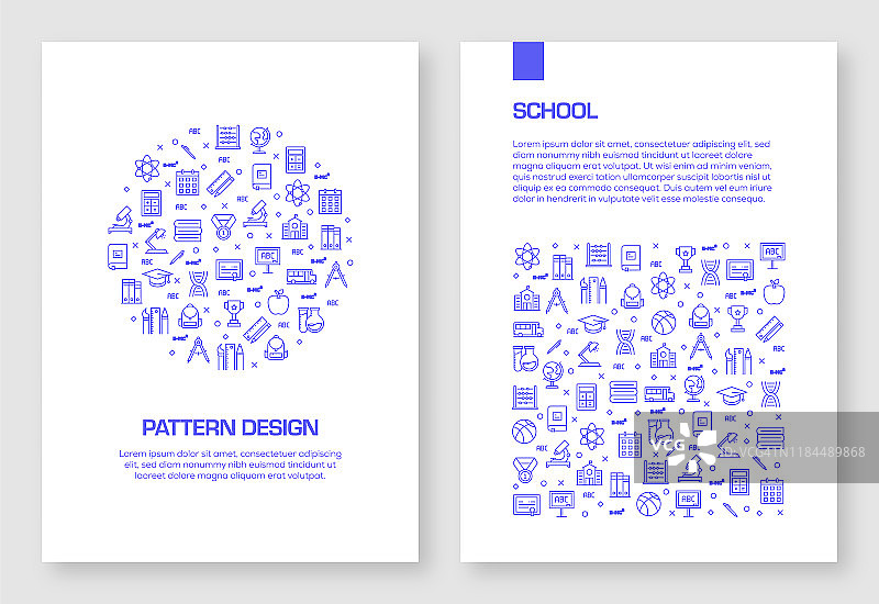 一套学校和教育图标矢量图案设计的小册子，年度报告，书封面。图片素材