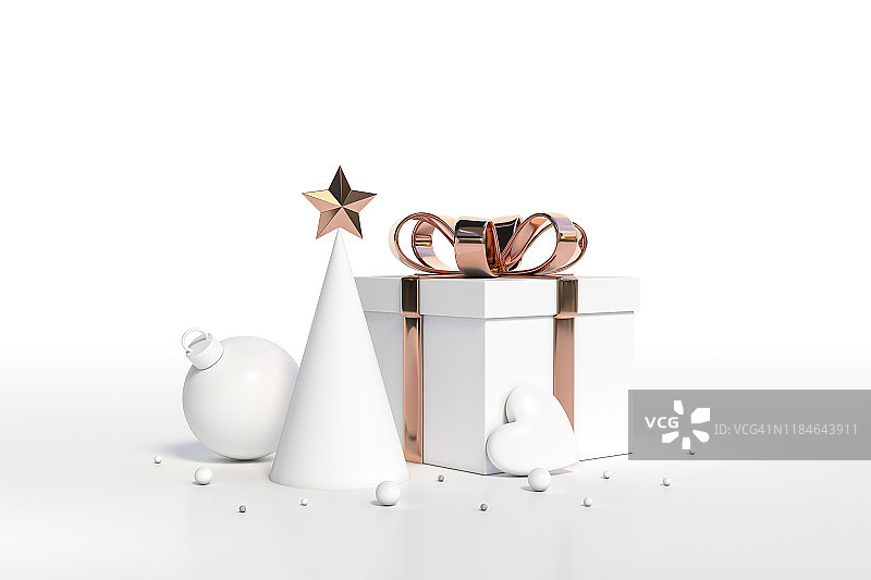礼盒与铜反射蝴蝶结丝带，圣诞树，圣诞装饰球，迷你心在白色的背景图片素材