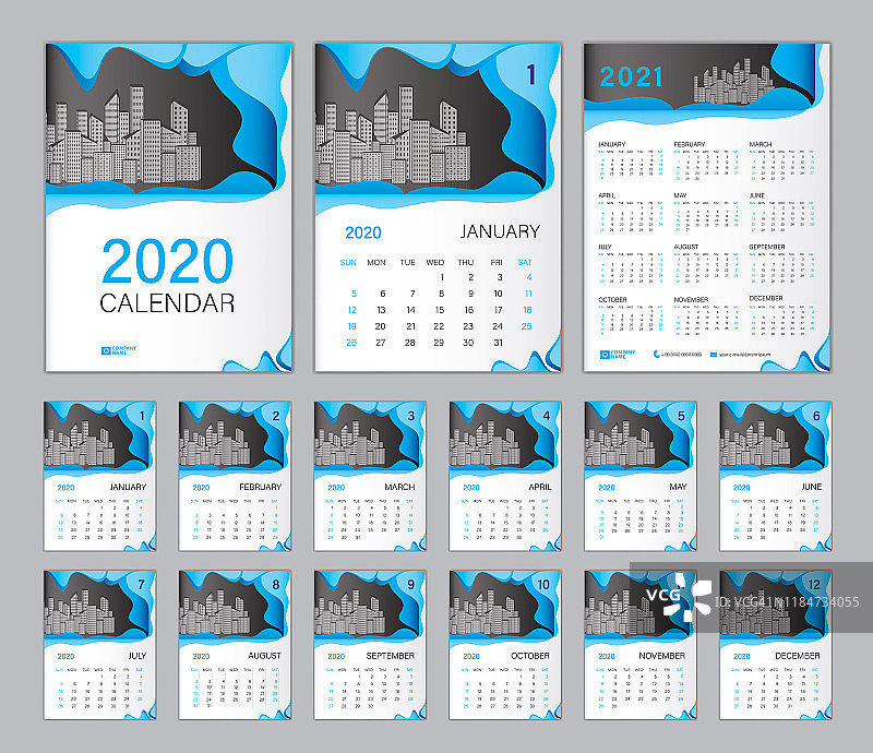 设置桌面日历2020模板，日历2021，封面设计。每周从周日开始，12个月，计划模板。蓝色波形背景图片素材