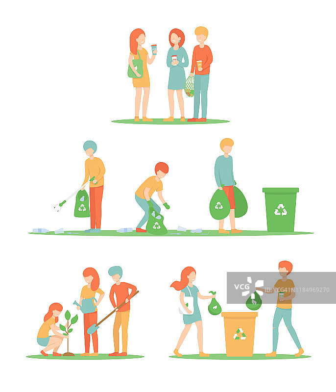 设置人们清理垃圾和种植一棵树，环保袋，杯子图片素材