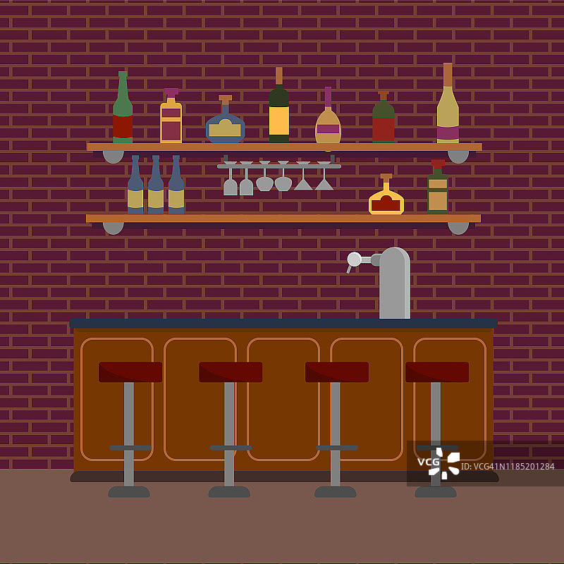 空的内部棕色吧台与啤酒泵水龙头。在砖墙的架子上有玻璃杯和酒精饮料，朗姆酒，葡萄酒，龙舌兰酒。矢量插图孤立在白色背景图片素材