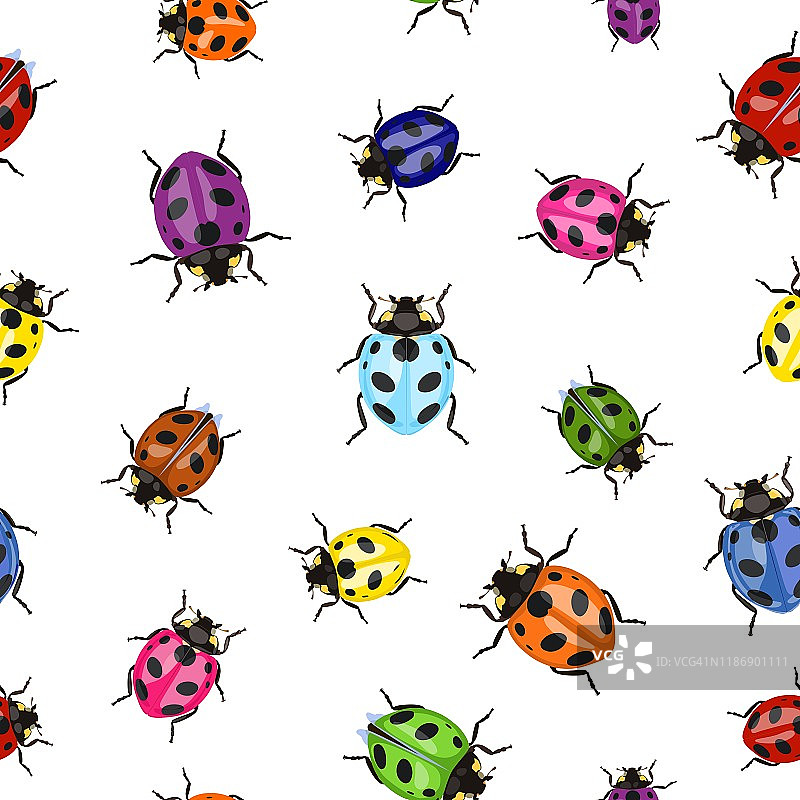无缝图案与不同的多色瓢虫。甲虫矢量插图。图片素材