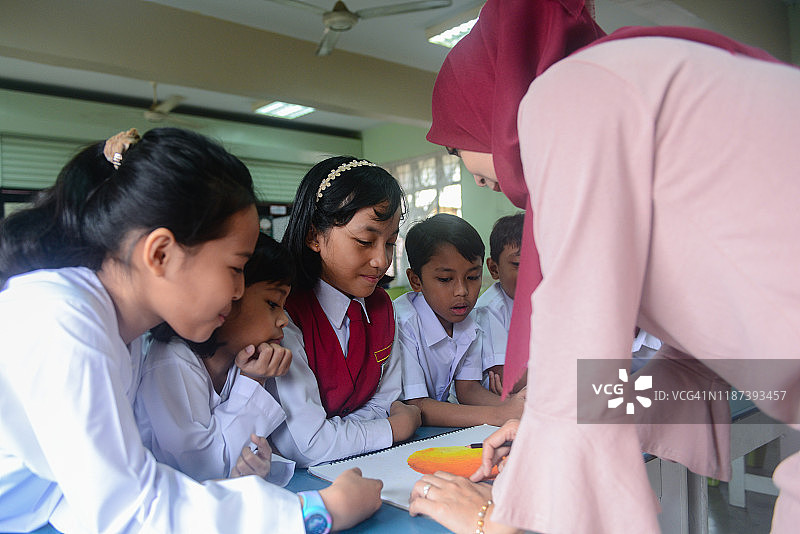 亚洲女教师戴着头巾在教室里教小学生图片素材