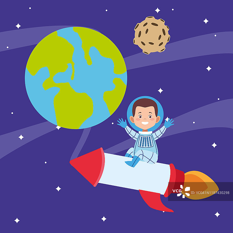 卡通宇航员男孩在太空火箭环绕行星图片素材