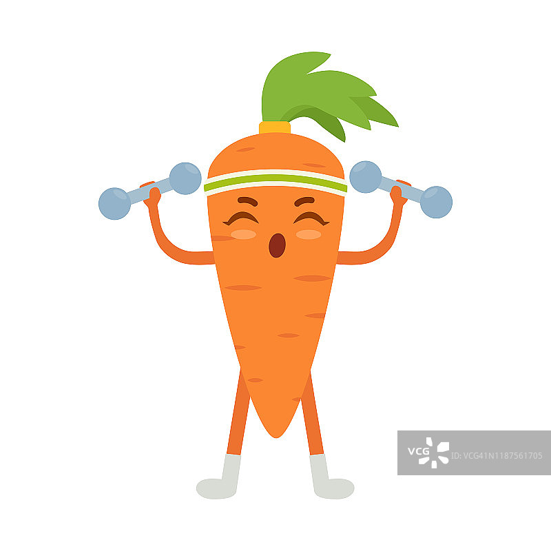 玩胡萝卜运动，举哑铃，可爱的卡通人物。健康的蔬菜。图片素材