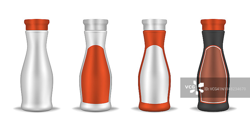 光滑的瓶子与圆形螺旋盖和空白标签，现实的模型插图。饮用酸奶、饮料、番茄酱、糖浆、食用油包装容器。向量模板。容易上色图片素材