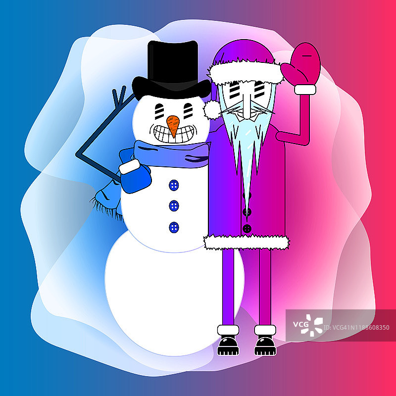 圣诞卡通人物-可爱的圣诞老人和一个微笑的雪人拥抱和挥手。图片素材