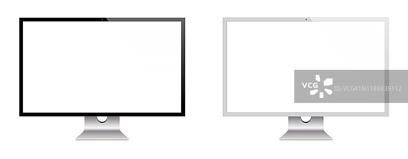 电脑显示器和平板电视在黑色和银色反射，现实的矢量插图图片素材