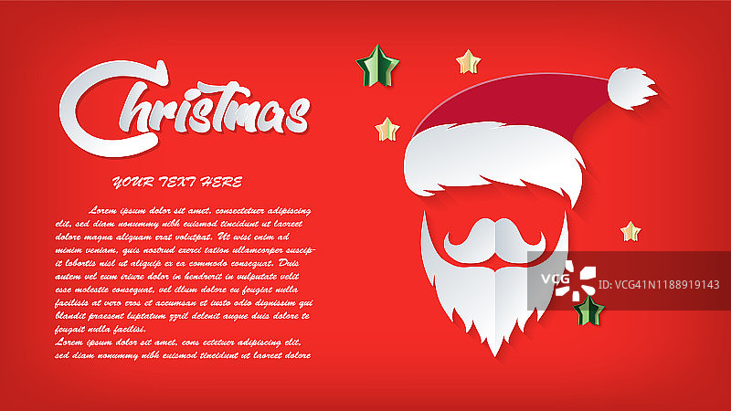 圣诞红牌，圣诞老人纸剪的帽子，小胡子和胡子的圣诞老人。圣诞快乐的短信卡片。折纸艺术和数字图片素材