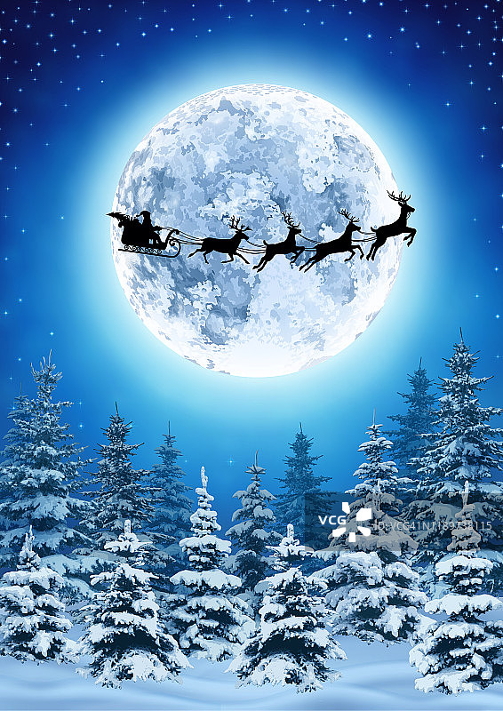 背景与森林，月亮和圣诞老人图片素材