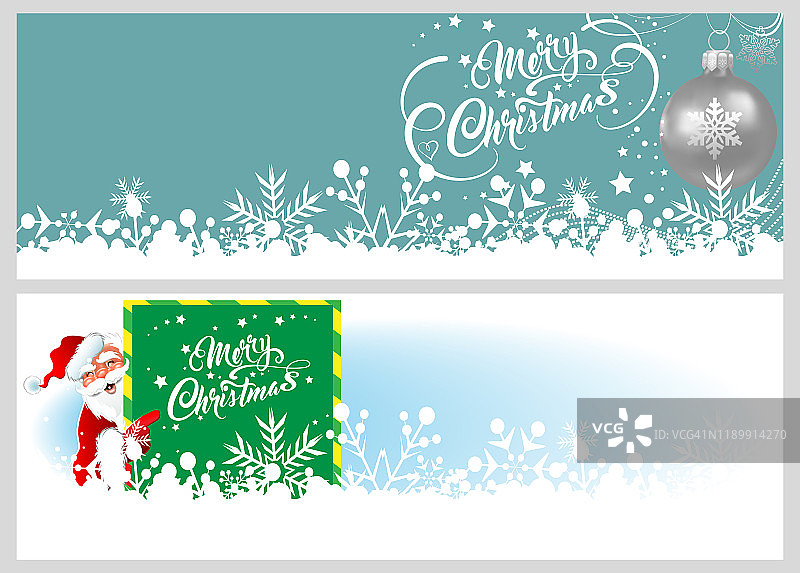 给你设计的圣诞卡。两个圣诞银球和快乐的圣诞老人与海报的形象。刻字圣诞快乐。用于设计卡片、海报、礼品图片素材