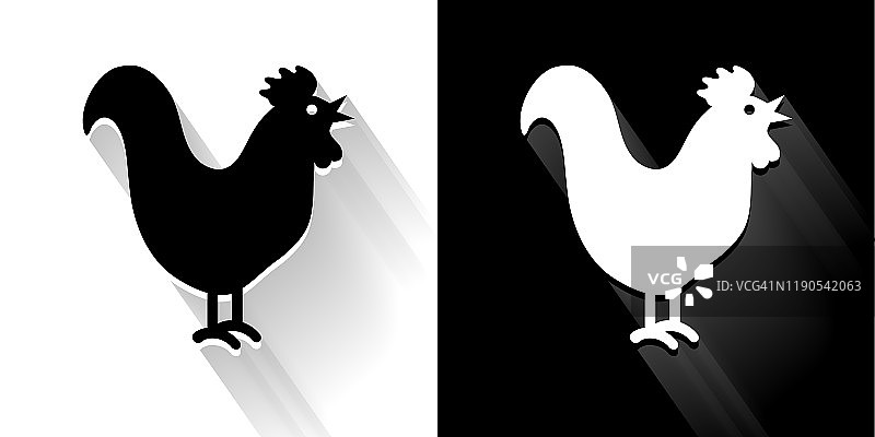公鸡黑色和白色图标与长影子图片素材