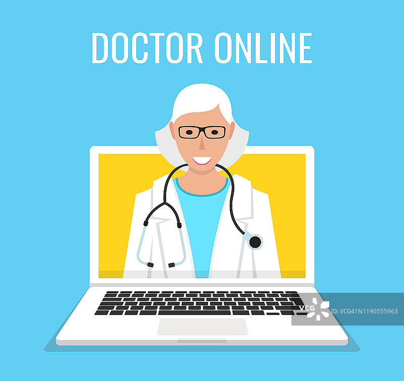 在线女医生角色注意笔记本电脑。在线医疗咨询概念。矢量插图。图片素材