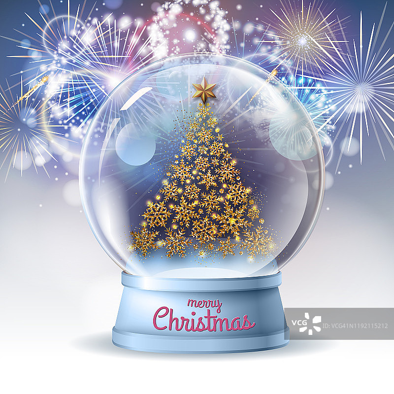 真实的矢量插图的雪花与金色的圣诞树里面。节日烟花背景图片素材