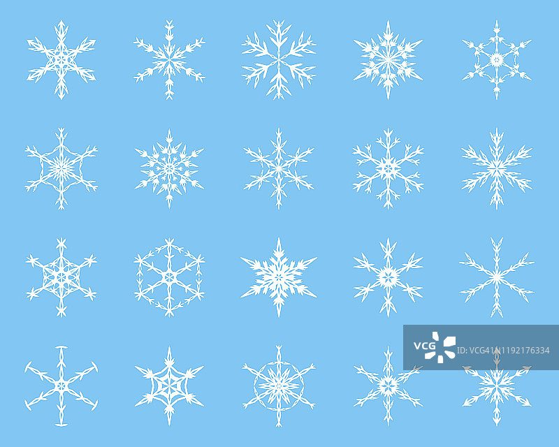 冬季雪花矢量元素集合。蓝色背景上的白色剪影。图片素材